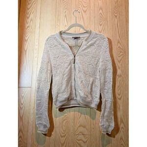 Anthropologie Brand White Lace Knit Zip-Front Bomber Jacket